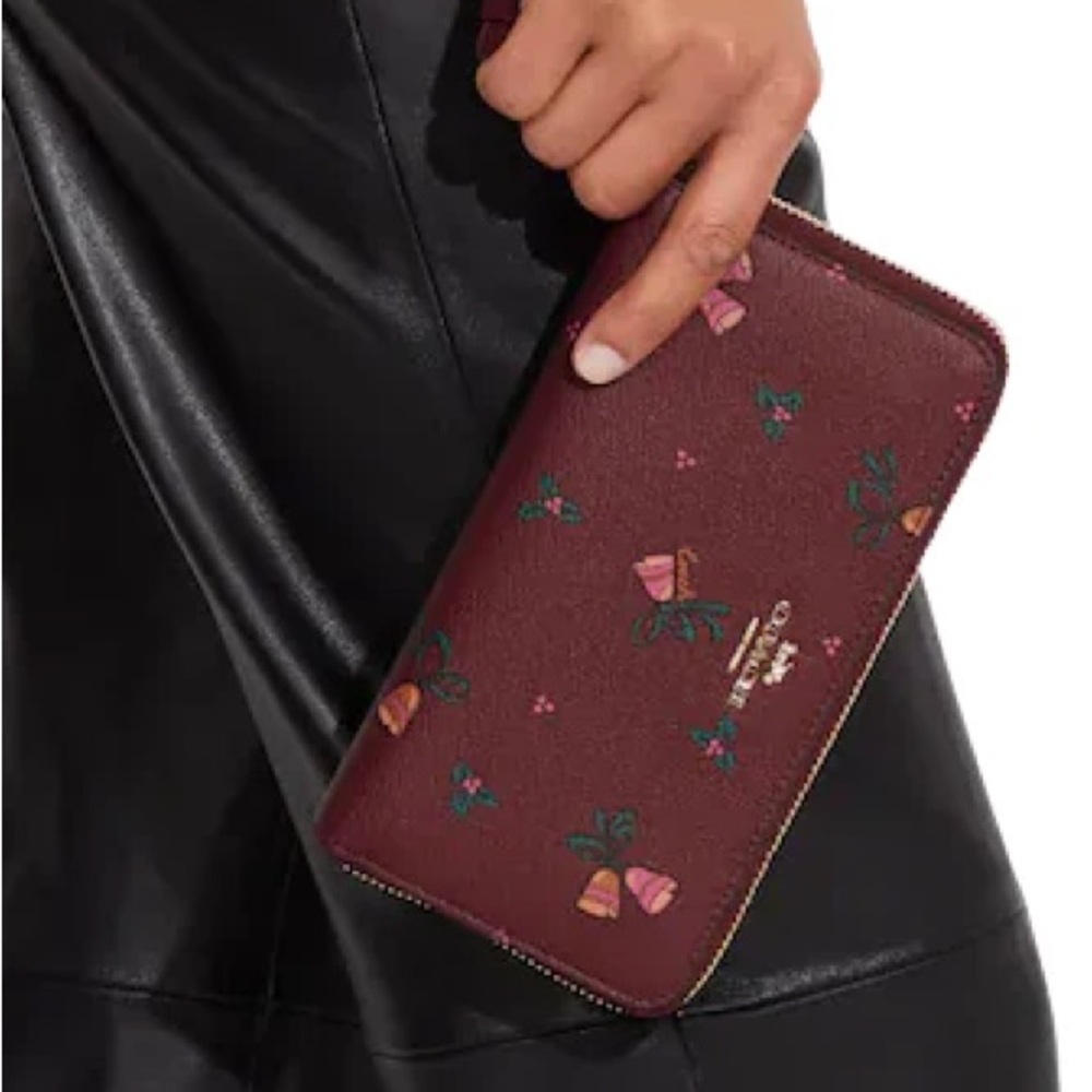 Coach long zip around wallet with holiday bells print